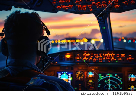 Airplane Pilot in Cockpit During Evening Landing, Blue Hour, Aviation Professional Navigating Aircraft in Twilight, Captivating Flight Experience, Pilot's Perspective, Stunning Sky View 116199855