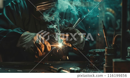 Panoramic Shot of Craftsman Welding Metal Profile with Protective Gloves Near Tools on Dark Background 116199856