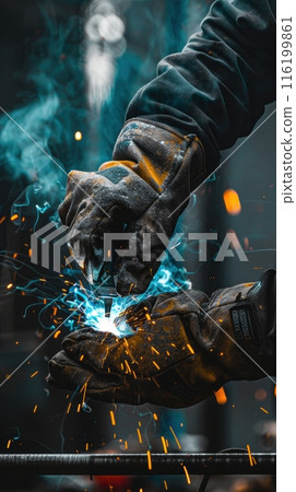 Panoramic Shot of Craftsman Welding Metal Profile with Protective Gloves Near Tools on Dark Background Panoramic Shot of Craftsman Welding Metal Profile with Protective Gloves Near Tools on Dark Background 116199861