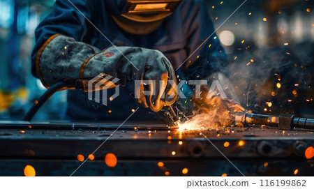 Panoramic Shot of Craftsman Welding Metal Profile with Protective Gloves Near Tools on Dark Background Panoramic Shot of Craftsman Welding Metal Profile with Protective Gloves Near Tools on Dark Background 116199862
