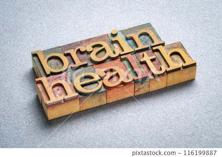 brain health - word abstract in vintage letterpress wood type brain health - word abstract in vintage letterpress wood type 116199887