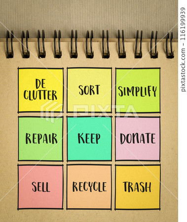 declutter concept, a set of inspirational reminder notes, lifestyle and personal development 116199939