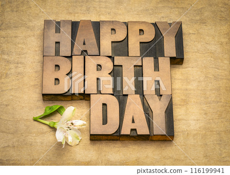 Happy Birthday greeting card in vintage letterpress wood type against handmade bark paper 116199941