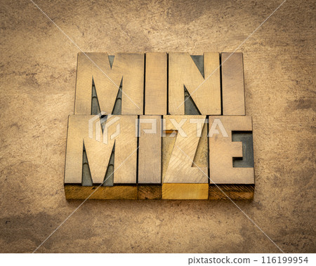 minimize word in vintage letterpress wood type against handmade textured amate paper, simplicity, minimalism and lifestyle concept 116199954