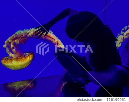 A girl in an aquarium against the background of floating jellyfish in a colourful aquarium 116199961