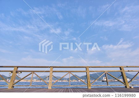 Sky and the Kanmon Straits beyond the railing 116199980