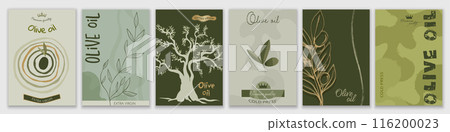 Set - template brochure cover poster or leaflet of Vegetable Olive Oil. Modern trendy graphic design with olives leaves tree and olive twigs. Editable vector Set - template brochure cover poster or leaflet of Vegetable Olive Oil. Modern trendy graphic design with olives leaves tree and olive twigs. Editable vector 116200023