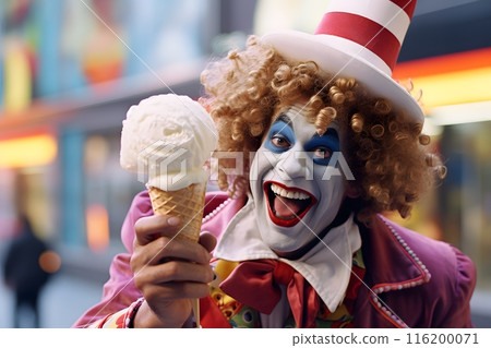 A funny clown in a summer park with ice cream in his hand 116200071