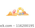Watercolor illustration with beach and inflatable rubber on isolated white background 116200195