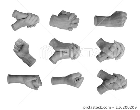 Intertwined connected fingers set, clasped gestures, hand sign isolated on white background, set 116200209