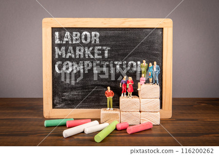 Labor Market Competition. Chalk board with text and miniature human figures on a wooden table 116200262