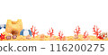 Watercolor horizontal frame with place for text. Sand castle, beach ball, coral on isolated white background 116200275