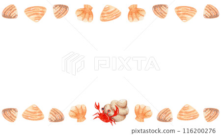 Watercolor horizontal frame with place for text. Seashell, hermit crab on isolated white background Watercolor horizontal frame with place for text. Seashell, hermit crab on isolated white background 116200276
