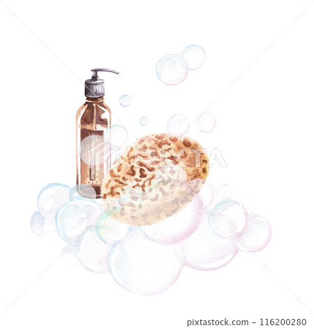 Dispenser, washcloth and soap foam in watercolor illustration on a white background. Hand drawn illustration of a set for advertising spas, baths, saunas, beauty salons Dispenser, washcloth and soap foam in watercolor illustration on a white background. Hand drawn illustration of a set for advertising spas, baths, saunas, beauty salons 116200280