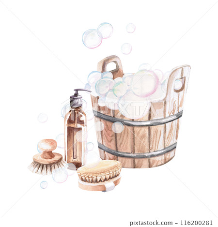 Wooden bucket with foam, dispenser and brushes in watercolor illustration on a white background. Hand drawn illustration of a set for advertising spas, baths, saunas, beauty salons 116200281