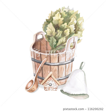Oak broom, wooden spoon, bath cap, thermometer in watercolor illustration on a white background. Hand-drawn illustration for advertising spas, baths, saunas, beauty salons Oak broom, wooden spoon, bath cap, thermometer in watercolor illustration on a white background. Hand-drawn illustration for advertising spas, baths, saunas, beauty salons 116200282