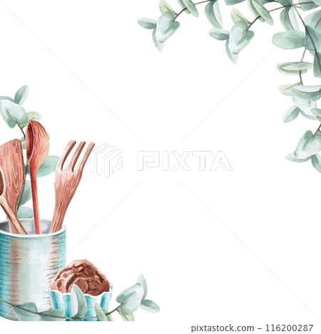 Ceramic dishes and baked goods in a square frame in a watercolor illustration on a white background. Hand-drawn illustration for kitchenware stores, recipes, invitations, master class announcements 116200287