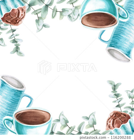 Ceramic dishes and baked goods in a square frame in a watercolor illustration on a white background. Hand-drawn illustration for kitchenware stores, recipes, invitations, master class announcements 116200288
