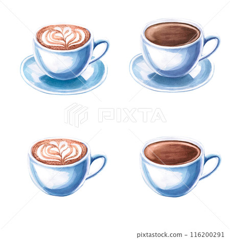 Set of cups with cappuccino and coffee in watercolor illustration on a white background. Hand drawn illustration of coffee cups for cafe, menu, cookbooks, coffee brand logo, bakery. Set of cups with cappuccino and coffee in watercolor illustration on a white background. Hand drawn illustration of coffee cups for cafe, menu, cookbooks, coffee brand logo, bakery. 116200291