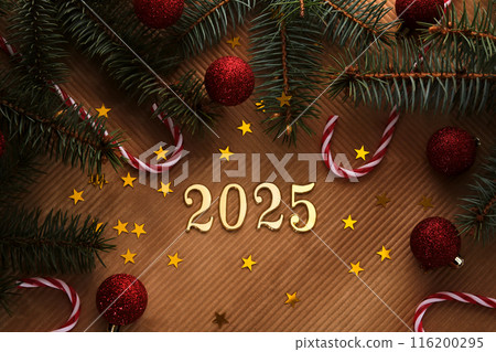 New Year 2025 beige background. Number of the coming year in Christmas decoration. 116200295