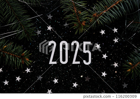 New Year 2025 dark background. Number of the coming year in Christmas decoration. 116200309