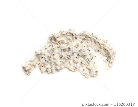 Creamy truffle sauce smear isolated, tuber melanosporum mushroom pasta, truffle cheese sauce 116200317