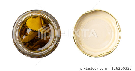 Truffle Slices Jar Isolated, Tuber Melanosporum Mushroom Pieces in Oil, Canned Black Truffle 116200323