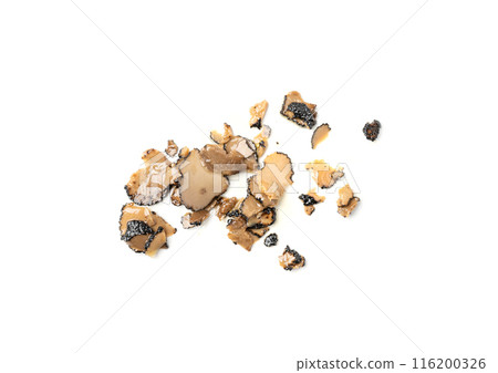 Truffle Slices Isolated, Tuber Melanosporum Mushroom Pieces in Oil, Canned Black Truffle 116200326