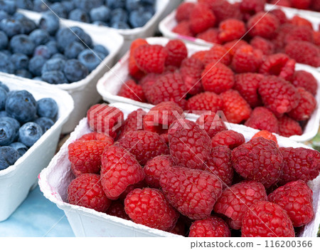 Various baskets filled with fresh raspberries, and blueberries at a market stall, vibrant colors Various baskets filled with fresh raspberries, and blueberries at a market stall, vibrant colors 116200366