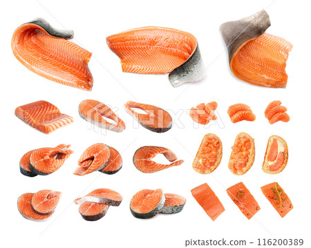 Raw Pink Salmon Steak, Red Fish, Chum or Trout Fillet Cut Out 116200389