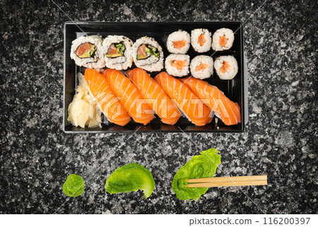Top View Sushi Mockup, Sushi Rolls Template, Susi with Rice and Raw Fish Banner, Asian Food Top View Sushi Mockup, Sushi Rolls Template, Susi with Rice and Raw Fish Banner, Asian Food 116200397