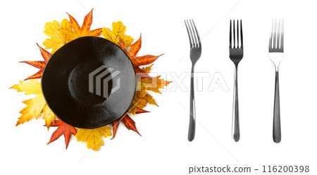 Autumn Leaves Kitchen Mockup, Leaf Pile and Empty Plate Top View Autumn Leaves Kitchen Mockup, Leaf Pile and Empty Plate Top View 116200398