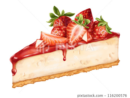 Cheesecake with berry topping decorated with pieces of fresh strawberries. A piece of birthday cake with jam. Sweet pastry dessert, homemade pastries, coffee shop food. Digital isolated illustration 116200576