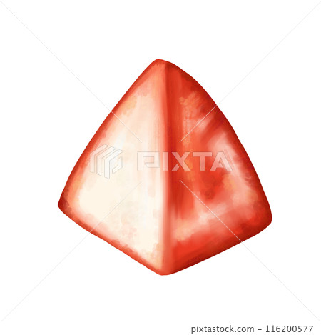 Juicy red strawberry quarter with a twig. Ripe berry for snacks, culinary dishes, milkshakes, buffets, ice cream, jam. A natural dessert from a farmer's harvest. Isolated digital illustration 116200577