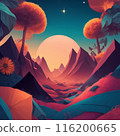 Fantasy landscape with mountains, sun and clouds. 3d illustration 116200665