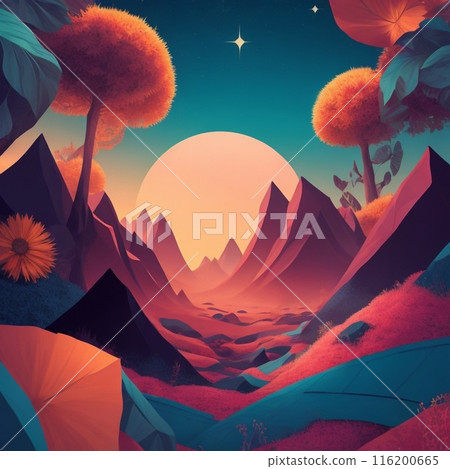 Fantasy landscape with mountains, sun and clouds. 3d illustration Fantasy landscape with mountains, sun and clouds. 3d illustration 116200665