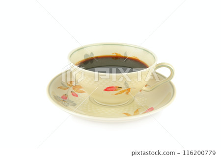 Coffee in vintage porcelain cup isolated on white. 116200779