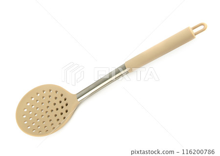 Kitchen slotted spoon isolated on white. 116200786