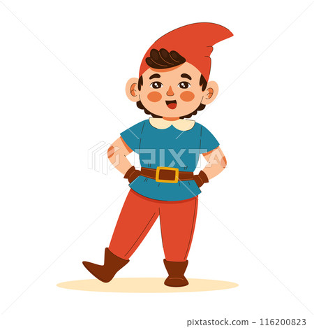 Cute boy in gnome costume with cap, happy child at masquerade party Cute boy in gnome costume with cap, happy child at masquerade party 116200823