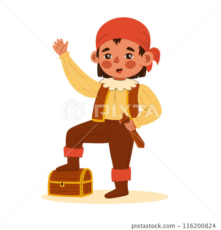 Happy little boy dressed in pirate costume with wooden sword having fun Happy little boy dressed in pirate costume with wooden sword having fun 116200824