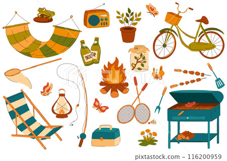 Country holiday collection. Vacation trip. Rural and outdoor recreation 116200959