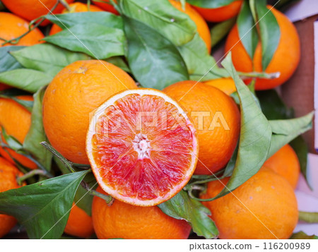 A bunch of oranges with one cut open. stockphoto. A bunch of oranges with one cut open. stockphoto. 116200989