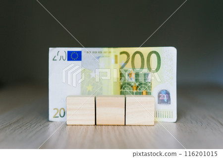 Wooden cubes blocks, money 200 Euro banknotes. Management big salary career concept. Wooden cubes blocks, money 200 Euro banknotes. Management big salary career concept. 116201015
