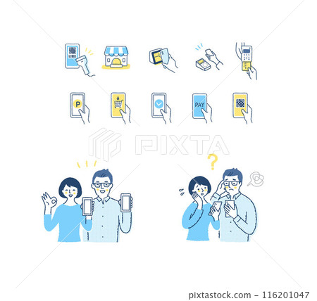 Couple holding smartphones / Cashless payment icon 116201047