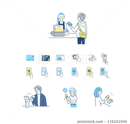 People making cashless payments / Cashless payment icons 116201048