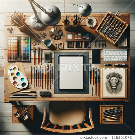 Professional Panorama: A Designer's Top-View Workplace 116201078