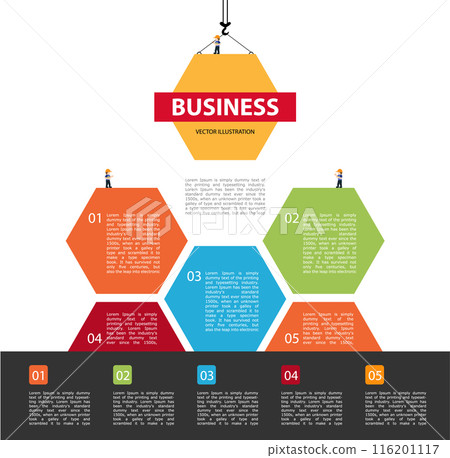 Tower crane builds building. Infographic Concept of building business. Tower crane builds building. Infographic Concept of building business. 116201117