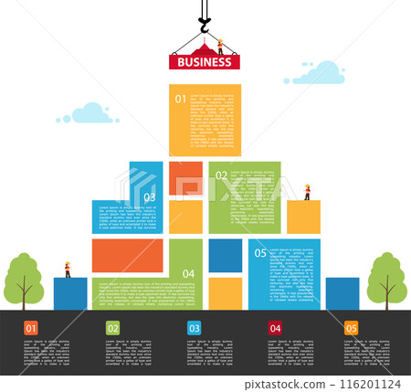 Infographic building business. concept of building success. Crane and building color block. Infographic building business. concept of building success. Crane and building color block. 116201124