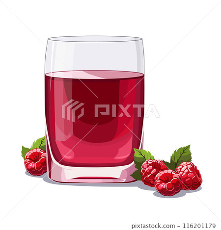 Full glass of red freshly squeezed raspberries juice. Isolated vector summer drink for flat design 116201179