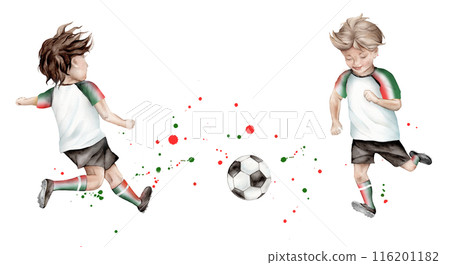 Football player young sportsman hand drawn with watercolor ball and red black yellow watercolor shapes spray. Boy play football in uniform. Isolated hand drawing illustration of a soccer game. Football player young sportsman hand drawn with watercolor ball and red black yellow watercolor shapes spray. Boy play football in uniform. Isolated hand drawing illustration of a soccer game. 116201182